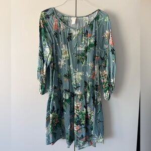 H&M Teal Green Floral Boho Dress – Size M – Puff Sleeve Mini Dress